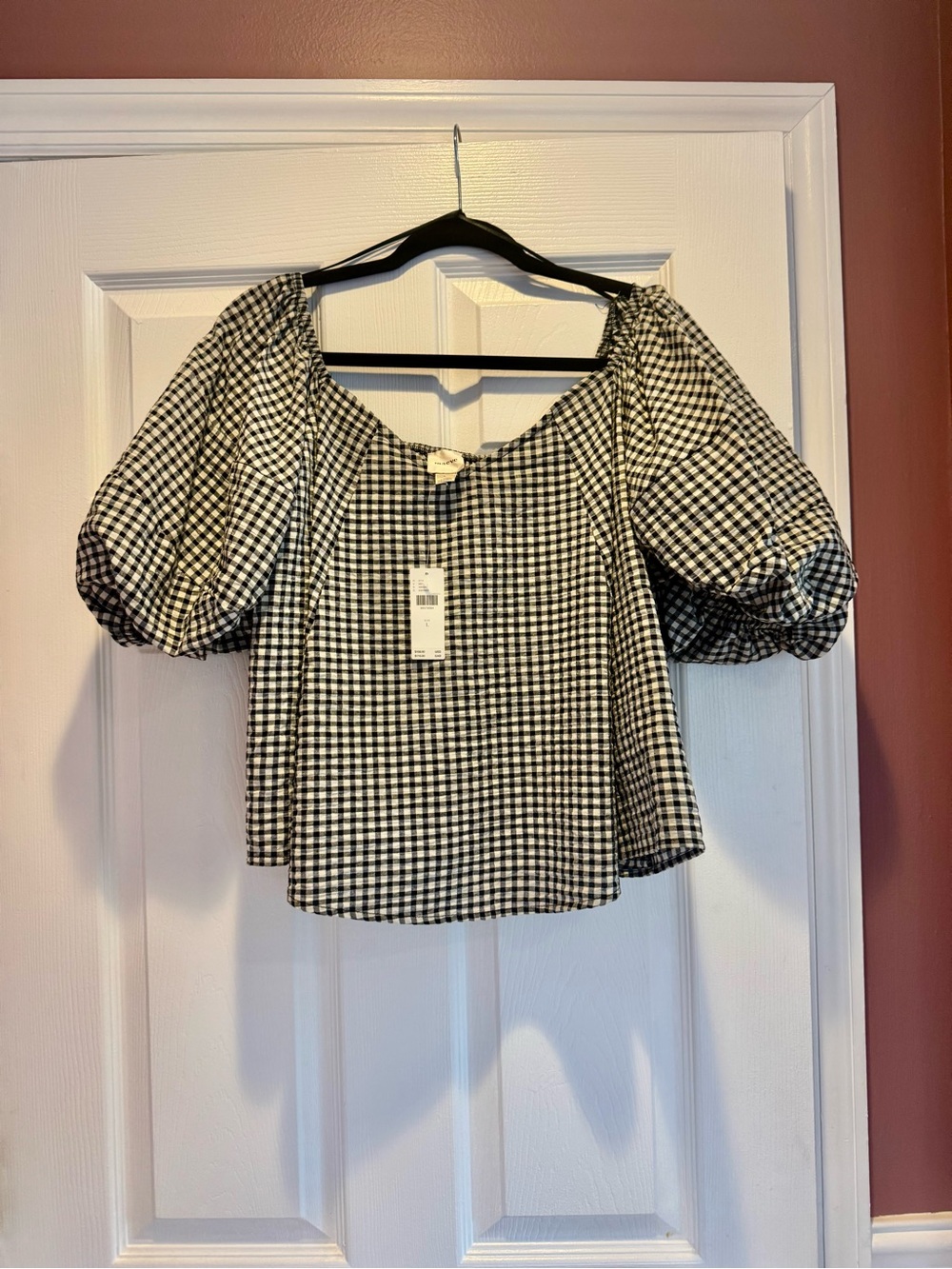 Off-Shoulder Gingham Puff-Sleeve Top in Black and White - Picture 3 of 5
